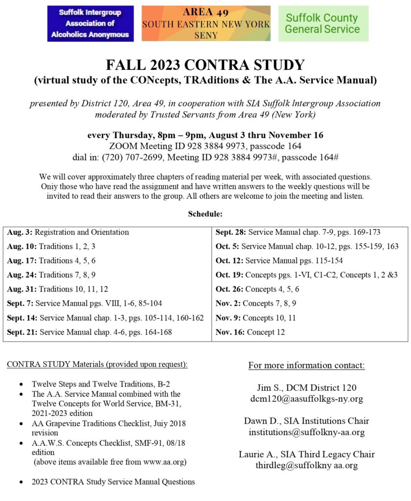 District 120, Area 49 Fall 2023 CONTRA STUDY weekly meeting (virtual)